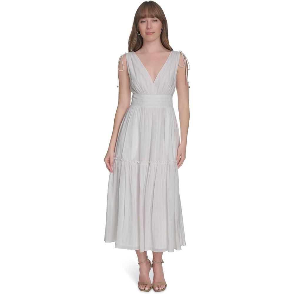 imageTommy Hilfiger Womens Sleeveless V Neck Neck Tie Midi DressIvory