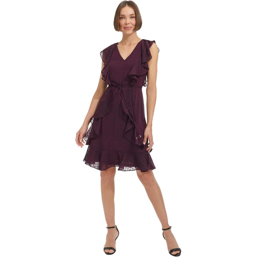 imageTommy Hilfiger Womens Sleeveless VNeck Ruffle Trim Tie Waist Chiffon Mini DressAubergine