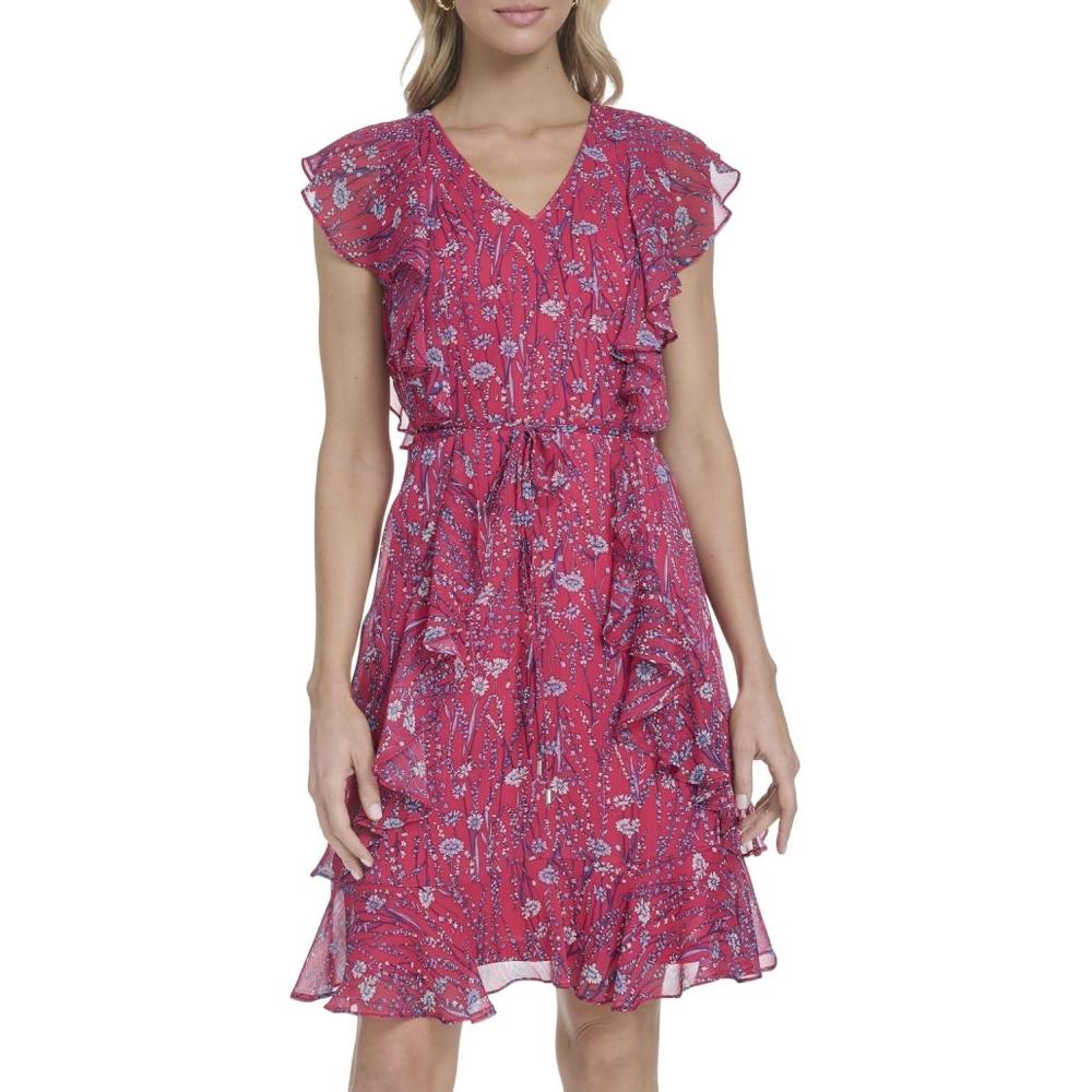 imageTommy Hilfiger Womens Sleeveless VNeck Ruffle Trim Tie Waist Chiffon Mini DressAzalea Multi