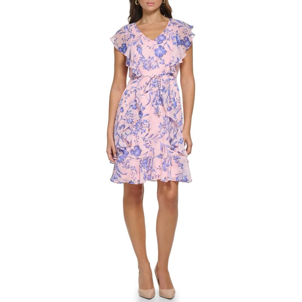 imageTommy Hilfiger Womens Sleeveless VNeck Ruffle Trim Tie Waist Chiffon Mini DressBallerina Pink Combo