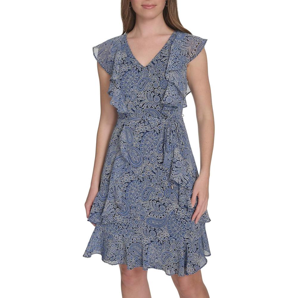 imageTommy Hilfiger Womens Sleeveless VNeck Ruffle Trim Tie Waist Chiffon Mini DressFrench Blue Combo