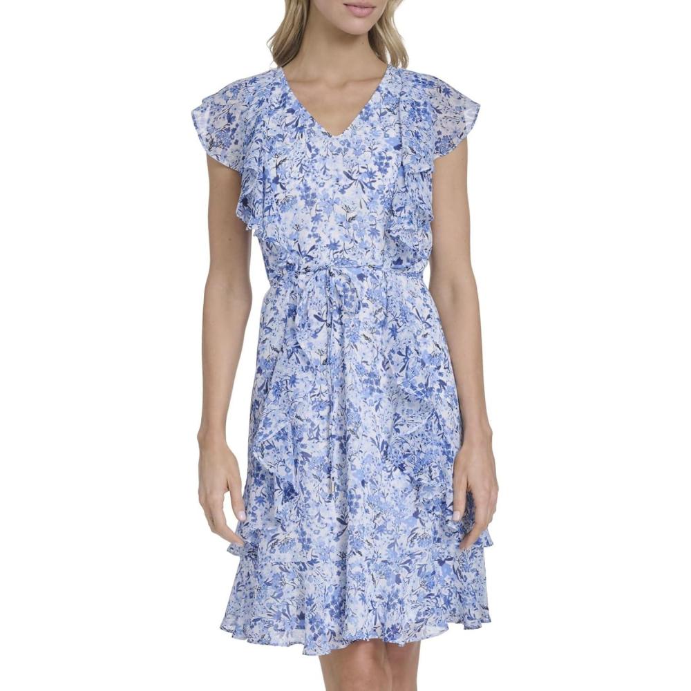 imageTommy Hilfiger Womens Sleeveless VNeck Ruffle Trim Tie Waist Chiffon Mini DressFrench Blue Multi
