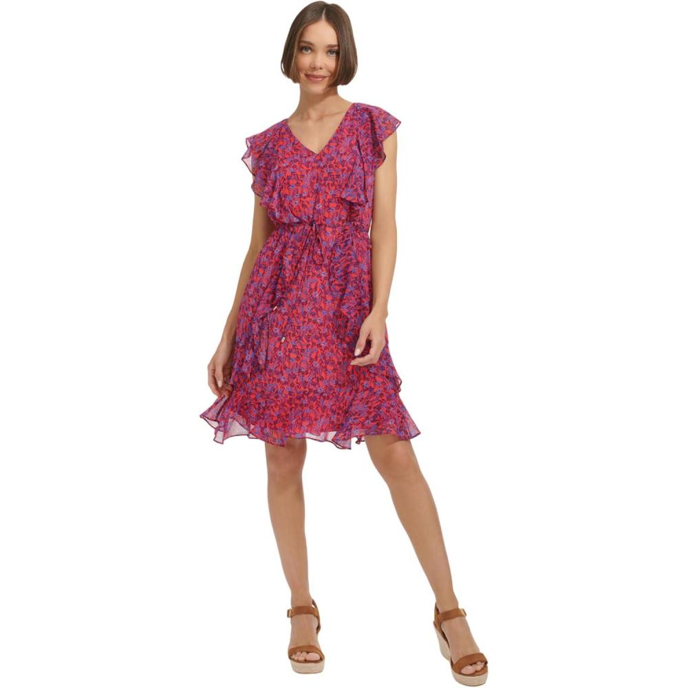 imageTommy Hilfiger Womens Sleeveless VNeck Ruffle Trim Tie Waist Chiffon Mini DressGuavaAmparo Blue