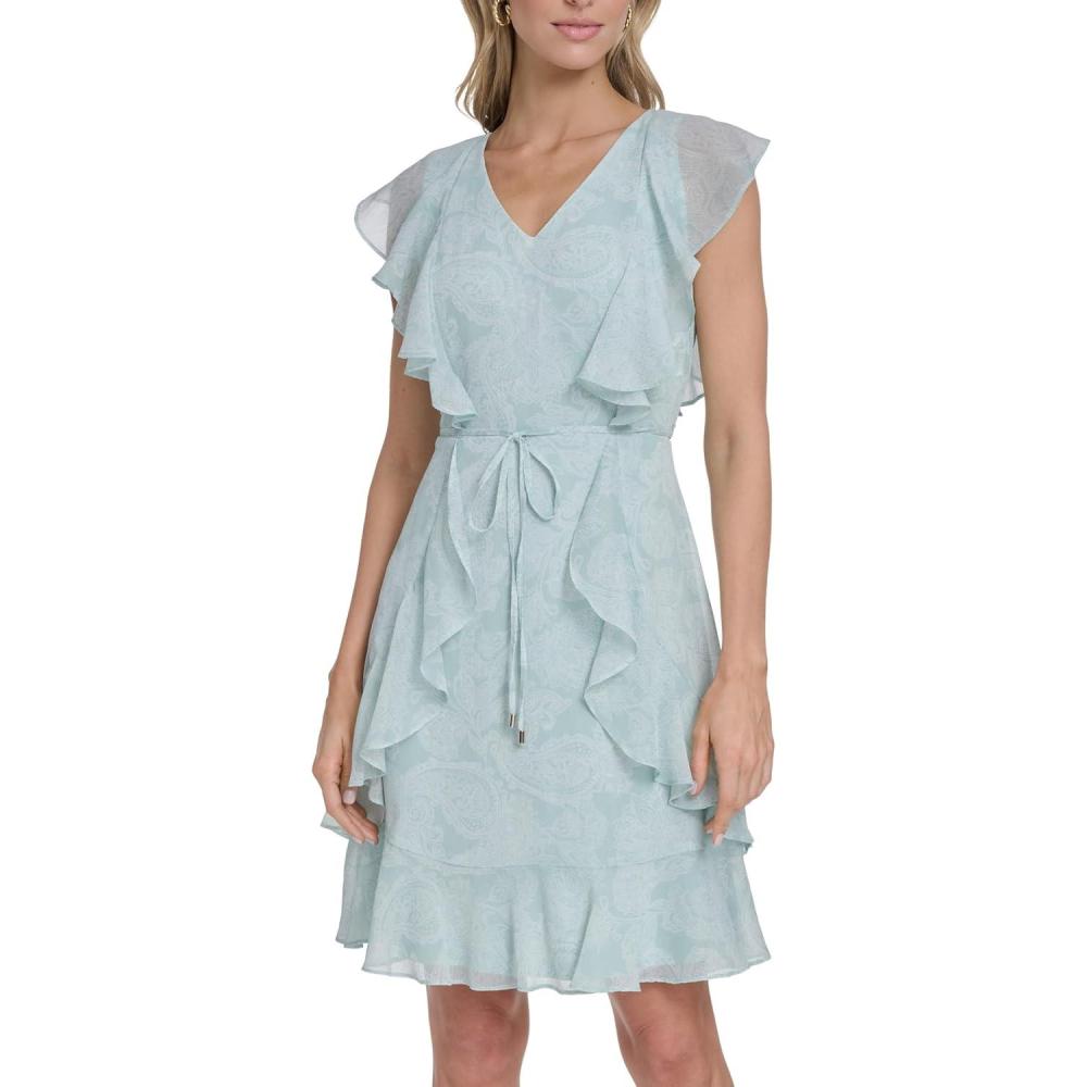 imageTommy Hilfiger Womens Sleeveless VNeck Ruffle Trim Tie Waist Chiffon Mini DressHarbor GreyIvory