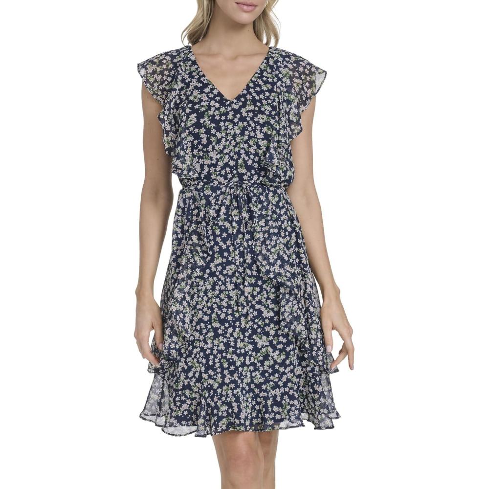 imageTommy Hilfiger Womens Sleeveless VNeck Ruffle Trim Tie Waist Chiffon Mini DressSky Captain Provence Blue