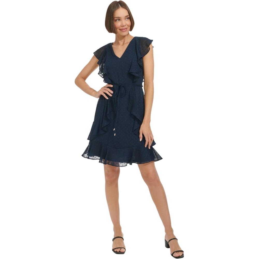 imageTommy Hilfiger Womens Sleeveless VNeck Ruffle Trim Tie Waist Chiffon Mini DressSky Captain