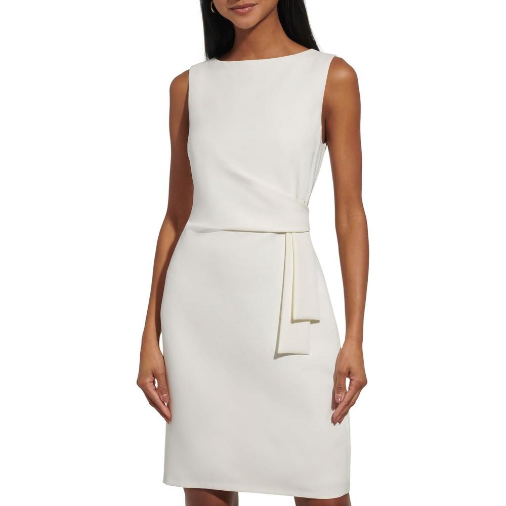 imageTommy Hilfiger Womens Sleevless Boat Neck Fold Detail Crepe Sheath Mini DressIvory