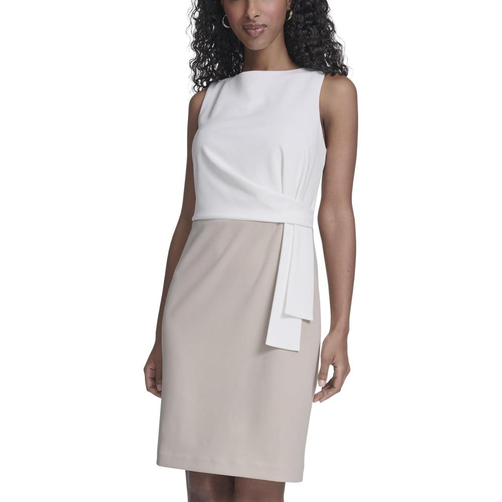 imageTommy Hilfiger Womens Sleevless Boat Neck Fold Detail Crepe Sheath Mini DressIvoryKhaki