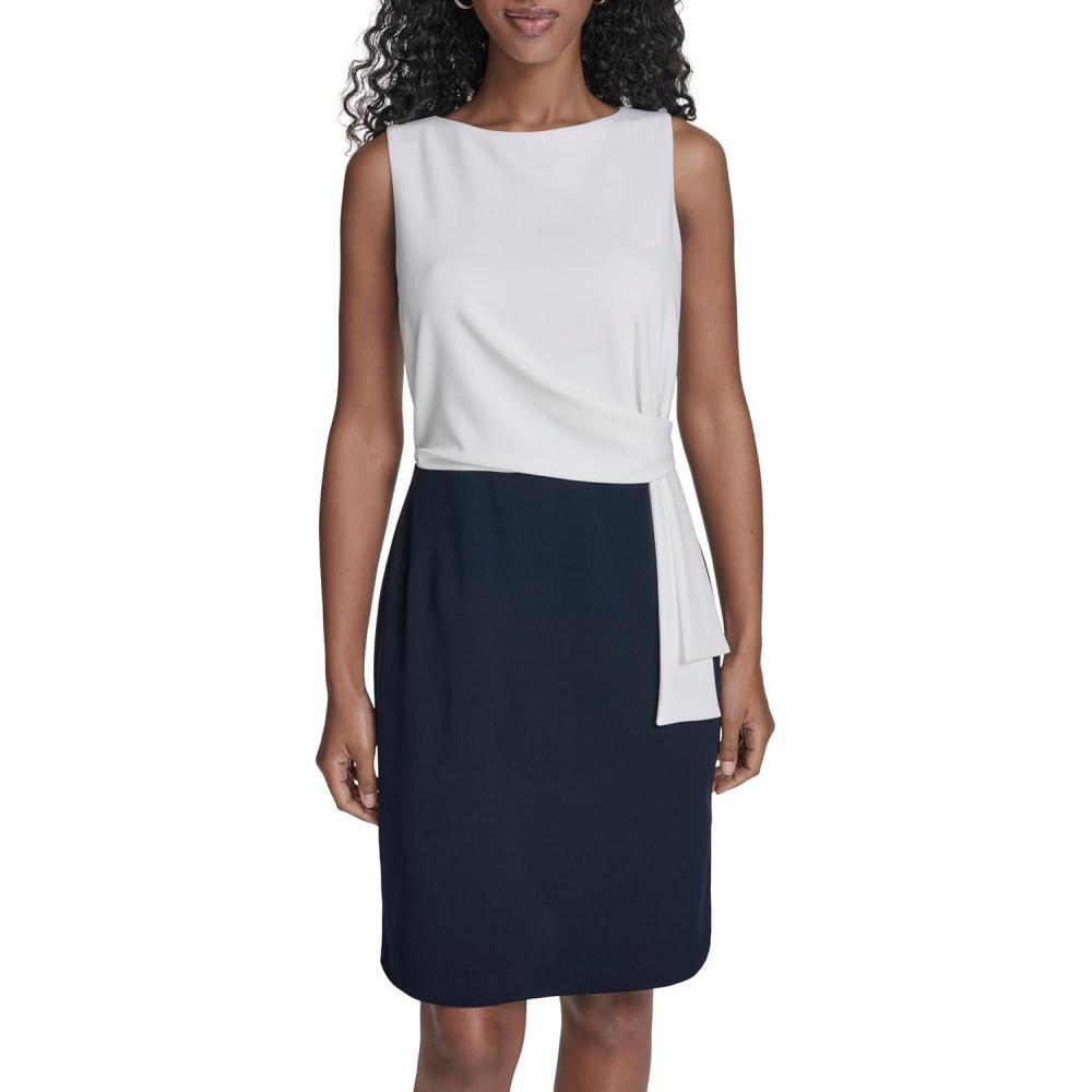 imageTommy Hilfiger Womens Sleevless Boat Neck Fold Detail Crepe Sheath Mini DressIvorySky Captain