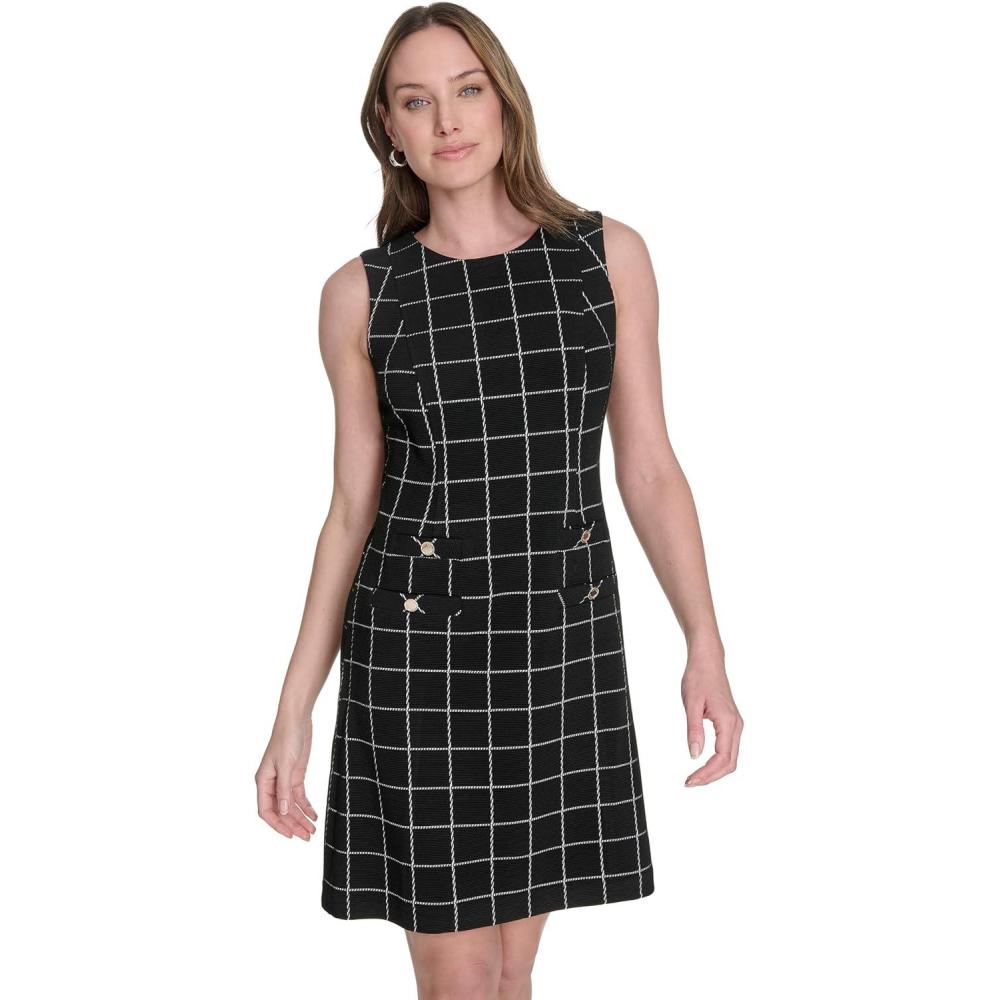 imageTommy Hilfiger Womens Sleevless Pockets Button Detailing on Pocket Shift DressBlack Ivory