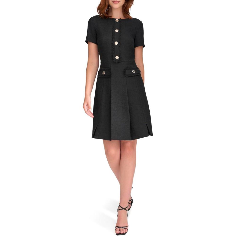 imageTommy Hilfiger Womens Soft Hand Boucle Short Sleeve Button Front Aline DressBlack
