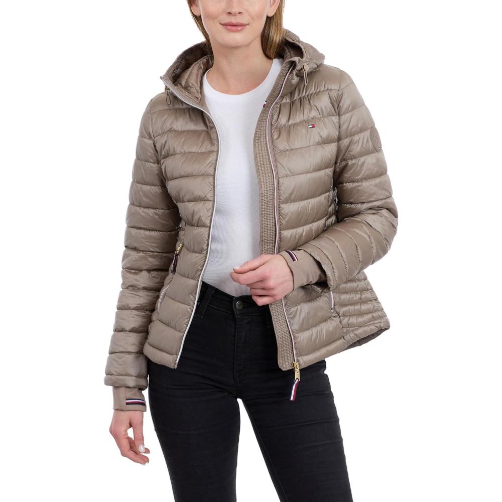 imageTommy Hilfiger womens Puffer Jacket Lightweight Packable Jacket With Hood amp BagTaupe