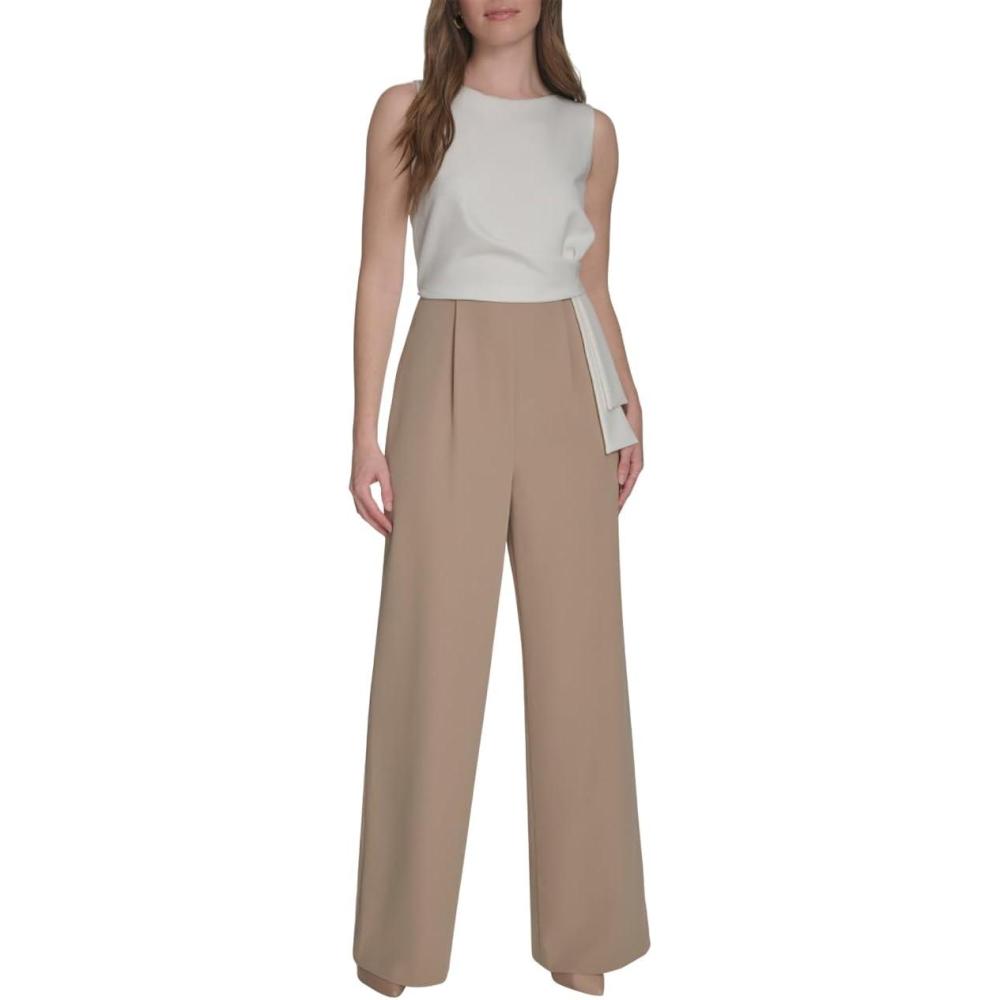 imageTommy Hilfiger womens Sleeveless Crew Neck Two Tone Side Drape Crepe JumpsuitIvoryKhaki