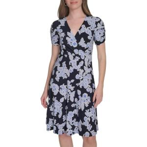 Tommy Hilfiger Floral Ruche Empire Waist Fit-and-Flare(Sky Captain/Amparo Blue)