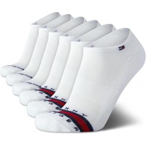 Tommy Hilfiger Mens No Show Socks – 6 Pack Cushioned Performance Stretch Athletic Low Cut Socks for Men(White/Black Stripe)
