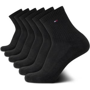 Tommy Hilfiger Mens Quarter Socks – 6 Pack Athletic Performance Cushioned High Quarter Length Ankle Socks for Men for Running(Black)