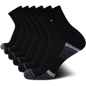 Tommy Hilfiger Mens Quarter Socks – 6 Pack Athletic Performance Cushioned High Quarter Length Ankle Socks for Men for Running(Black Multi)