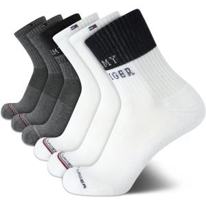 Tommy Hilfiger Mens Quarter Socks – 6 Pack Athletic Performance Cushioned High Quarter Length Ankle Socks for Men for Running(White/Grey)