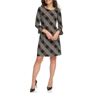 Tommy Hilfiger Women’s 3/4 Ruffle Trim Sleeve Round Neck Jersey Shift Mini Dress(Black Multi)
