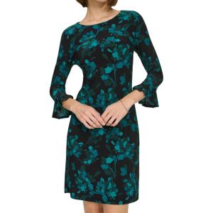 Tommy Hilfiger Women’s 3/4 Ruffle Trim Sleeve Round Neck Jersey Shift Mini Dress(Cypress Multi)