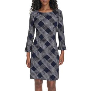 Tommy Hilfiger Women’s 3/4 Ruffle Trim Sleeve Round Neck Jersey Shift Mini Dress(Sky Captain/Sand)