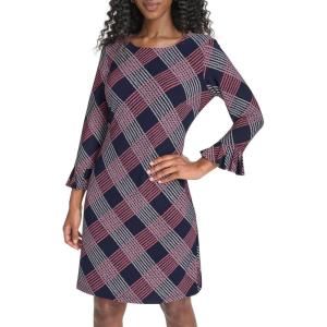 Tommy Hilfiger Women’s 3/4 Ruffle Trim Sleeve Round Neck Jersey Shift Mini Dress(Sky Captain/Sherbet)