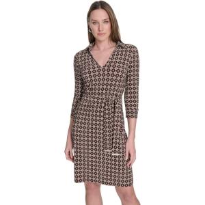Tommy Hilfiger Women’s 3/4 Sleeve Collared V-Neck Tie Waist Mini Dress(Aubergine/Multi)