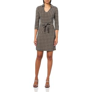 Tommy Hilfiger Women’s 3/4 Sleeve Collared V-Neck Tie Waist Mini Dress(Black Multi)