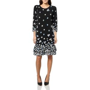 Tommy Hilfiger Womens 3/4 Sleeve Crew Neck Double Ruffle Hem Jersey Shift Mini Dress(Black/Breeze)