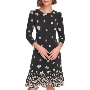 Tommy Hilfiger Womens 3/4 Sleeve Crew Neck Double Ruffle Hem Jersey Shift Mini Dress(Black/Cream)