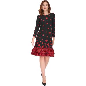 Tommy Hilfiger Womens 3/4 Sleeve Crew Neck Double Ruffle Hem Jersey Shift Mini Dress(Black/Scarlet)
