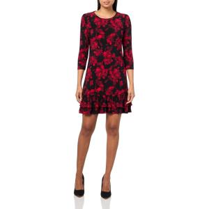 Tommy Hilfiger Womens 3/4 Sleeve Crew Neck Double Ruffle Hem Jersey Shift Mini Dress(Chili Pepper Multi)