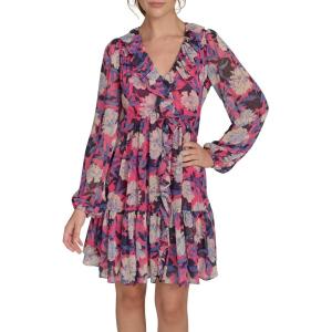 Tommy Hilfiger Women’s Balloon Sleeve V-Neck Chiffon Fit & Flare Mini Dress(Hot Pink Multi)