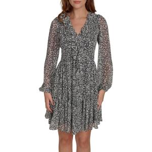 Tommy Hilfiger Women’s Balloon Sleeve V-Neck Chiffon Fit & Flare Mini Dress(Sky Captain/Ivory)