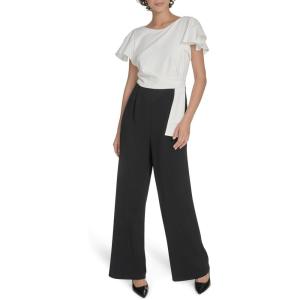 Tommy Hilfiger Women’s Flutter Sleeve Side Draped Bodice Color Block Jumpsuit(Ivory/Black)