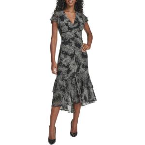 Tommy Hilfiger Women’s Flutter Sleeve V-Neck Ruffle Trim Hi Lo Midi Dress(Black/Ivory)