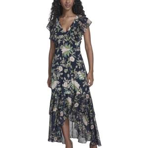 Tommy Hilfiger Women’s Flutter Sleeve V-Neck Ruffle Trim Hi Lo Midi Dress(Dark Navy Multi)