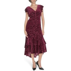 Tommy Hilfiger Women’s Flutter Sleeve V-Neck Ruffle Trim Hi Lo Midi Dress(Ruby)