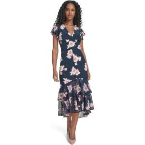 Tommy Hilfiger Women’s Flutter Sleeve V-Neck Ruffle Trim Hi Lo Midi Dress(Sky Captain Combo)