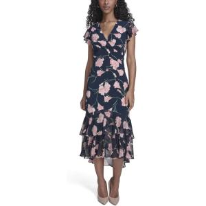 Tommy Hilfiger Women’s Flutter Sleeve V-Neck Ruffle Trim Hi Lo Midi Dress(Sky Captain Multi)
