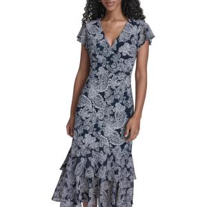Tommy Hilfiger Women’s Flutter Sleeve V-Neck Ruffle Trim Hi Lo Midi Dress(Sky Captain/Ivory)