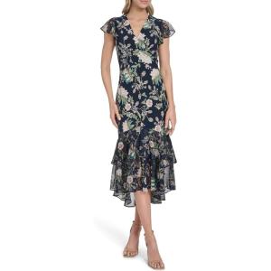 Tommy Hilfiger Women’s Flutter Sleeve V-Neck Ruffle Trim Hi Lo Midi Dress(Sky Captain/Multi)