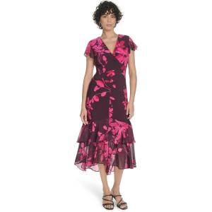 Tommy Hilfiger Women’s Flutter Sleeve V-Neck Ruffle Trim Hi Lo Midi Dress(Wineberry Multi)
