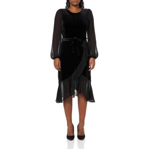 Tommy Hilfiger Women’s Long Chiffon Balloon Sleeve Velvet Wrap Midi Dress(Black)