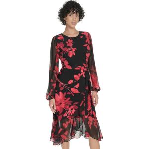 Tommy Hilfiger Women’s Long Chiffon Balloon Sleeve Velvet Wrap Midi Dress(Deep Scarlet Multi)