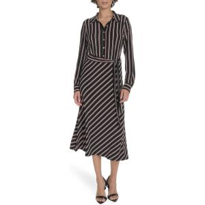Tommy Hilfiger Women’s Long Sleeve Collared Tie Waist Midi Shirt Dress(Black/Cabernet)