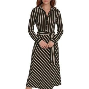 Tommy Hilfiger Women’s Long Sleeve Collared Tie Waist Midi Shirt Dress(Black/Sand)