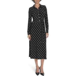 Tommy Hilfiger Women’s Long Sleeve Collared Tie Waist Midi Shirt Dress(Black/Whitecap)