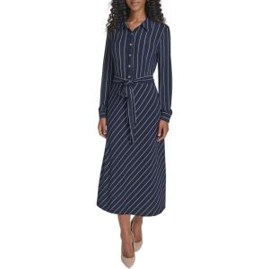 Tommy Hilfiger Women’s Long Sleeve Collared Tie Waist Midi Shirt Dress(Sky Captain/Ivory)