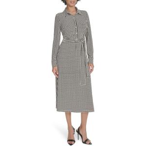 Tommy Hilfiger Women’s Long Sleeve Collared Tie Waist Midi Shirt Dress(Whitecap/Black)